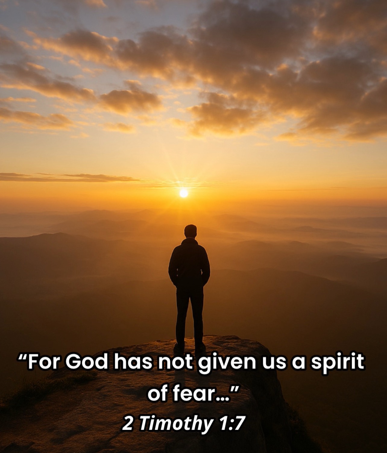 A person standing on a cliff at sunrise, symbolizing faith overcoming fear