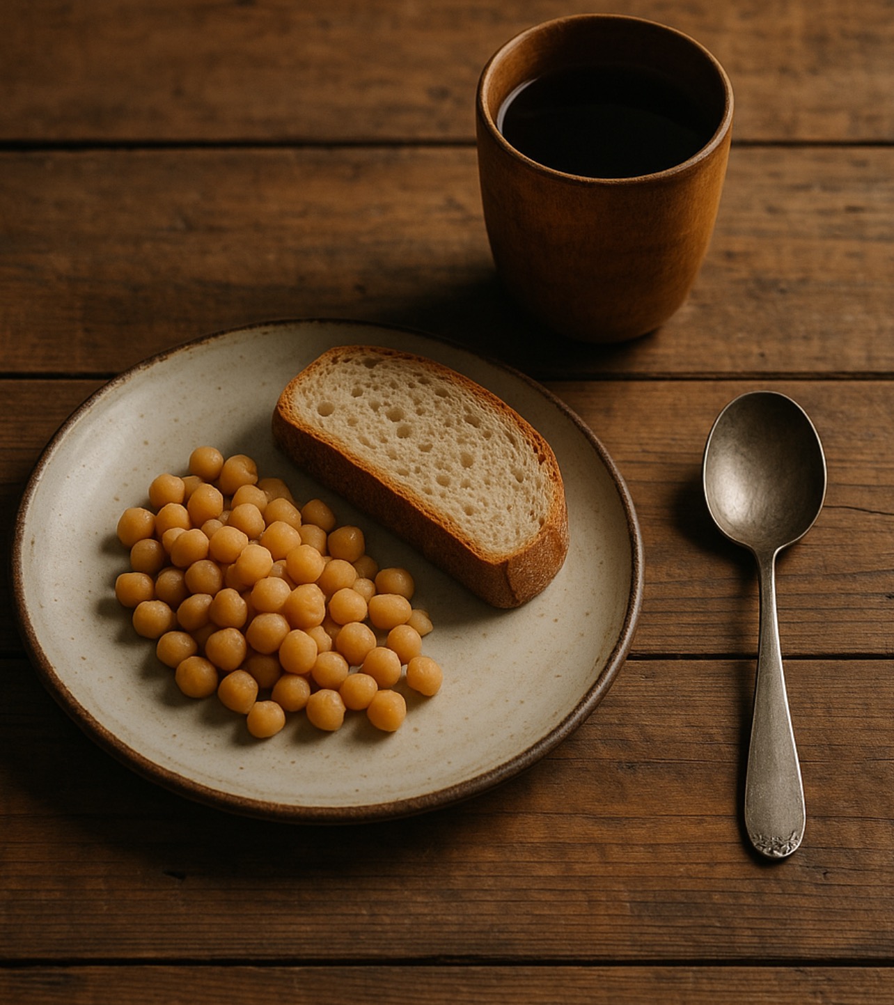 A simple meal on a worn old plate set on a wooden table