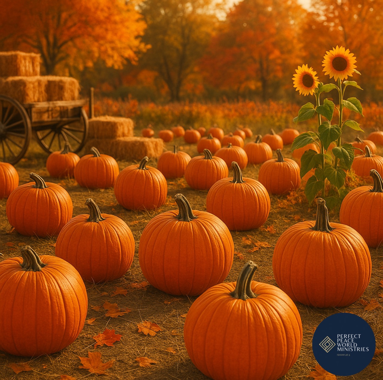 Autumn harvest scene with pumpkins, hay bales, and warm fall colors at sunset