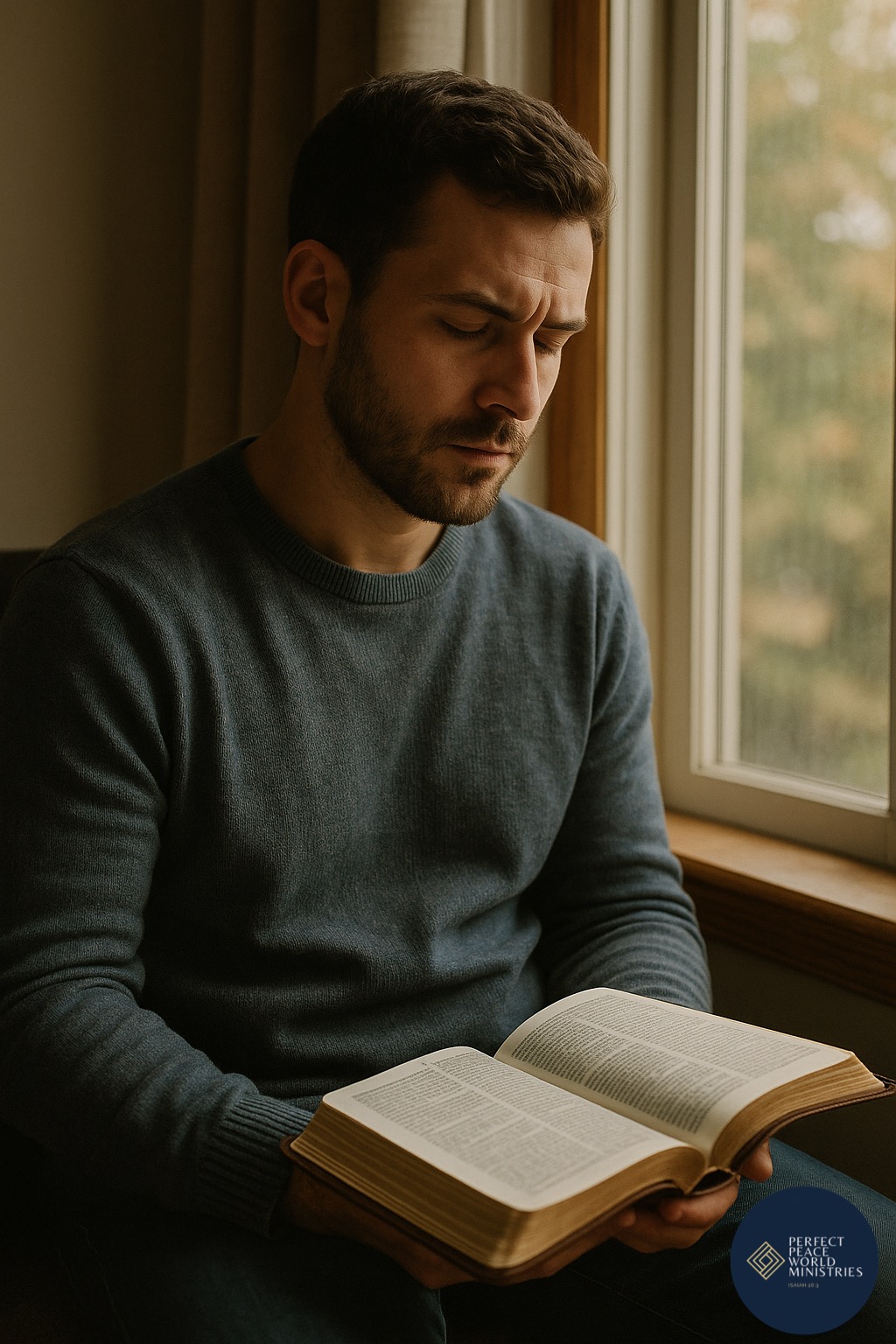 Quiet morning reflection with an open Bible by the window